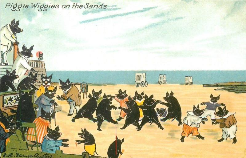 The Piggie Wiggies at play on the sands edwardian humour postcard pigs cochons