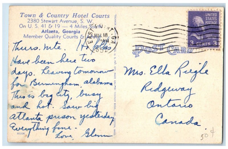 1952 Town & Country Hotel Courts Atlanta Georgia GA Vintage Postcard 