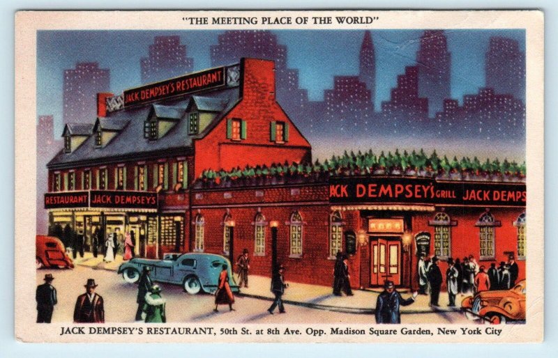 NEW YORK CITY, NY~ JACK DEMPSEY'S Restaurant c1930s Cars Roadside Linen Postcard