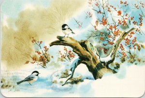 Season's Greetings Birds in Winter Nature Scene Snow N. Ito Vintage Postcard C4