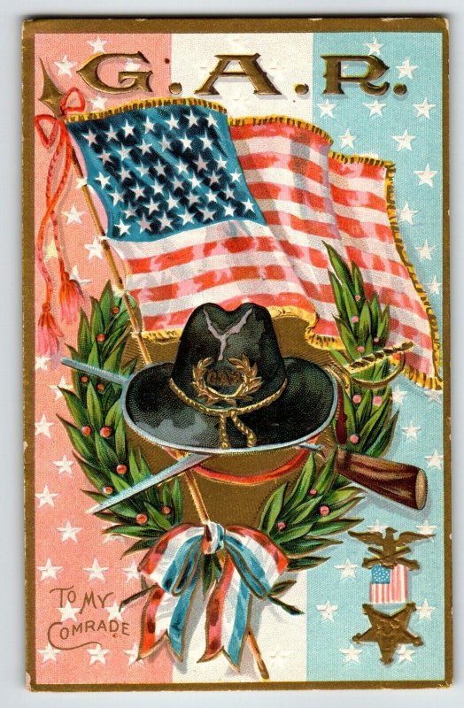 Decoration Memorial Day Postcard GAR US Flag Hat Rifle Wreath Patriotic Stars