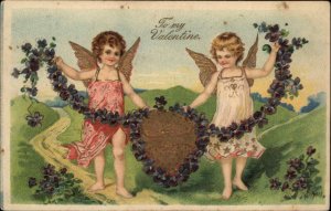 Valentine Cupid Fantasy Art Nouveau Cupids with Embossed Shield c1910 Postcard