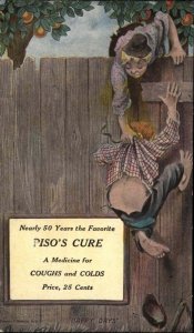 Piso's Cure Cough Medicine Boy Climbing Fence Ad Advertising c1910 Postcard
