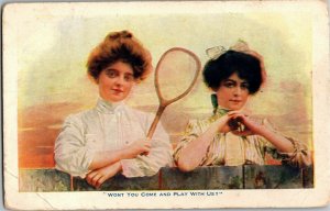 Two Girls at Fence Badminton Racquet Won't You Come Play With Us? Postcard A02