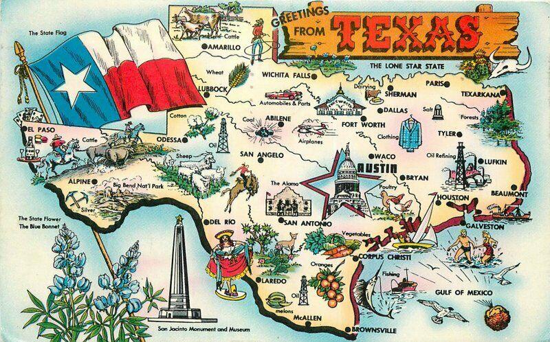 1959 Map Attractions Texas Postcard Tichnor 3471