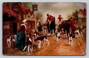 c1909 Men on Horses Back from Hunt with Dogs being Greeted ANTIQUE Postcard 1067