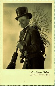 RPPC Chimney Sweep Man Top Hat Brush Broom New Years Real Photo Postcard