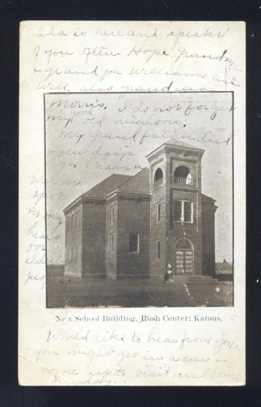 RUSH CENTER KANSAS NEW SCHOOL BUILDING ANTIQUE VINTAGE POSTCARD