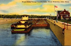 Illinois Joliet Illinois Waterway Barges Going Through Brandon Locks 1952 Cur...