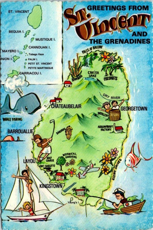 VINTAGE CONTINENTAL SIZE POSTCARD ANIMATED MAP ST. VINCENT AND SJ STAMPS 1977