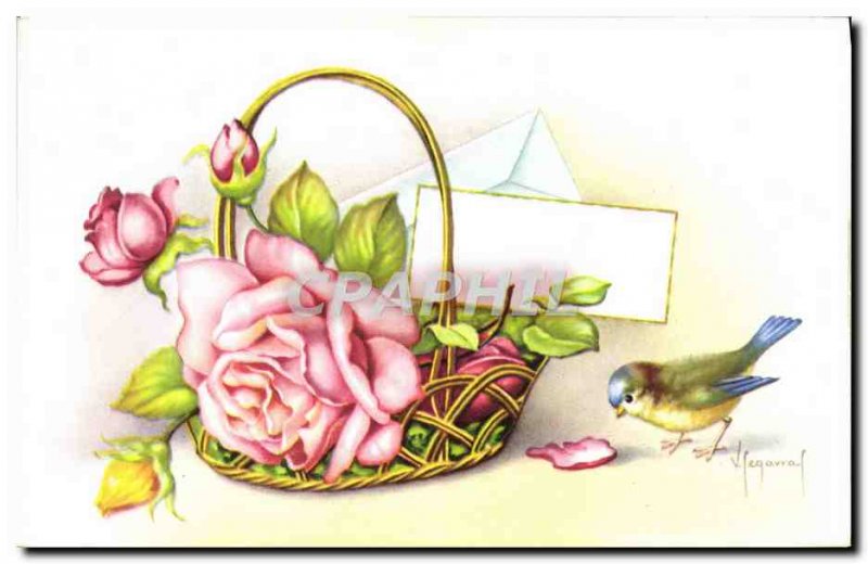 Old Postcard Fantasy Flowers bird