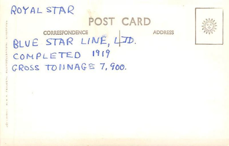 SS Royal Star Blue Star Line Ship Writing on back 
