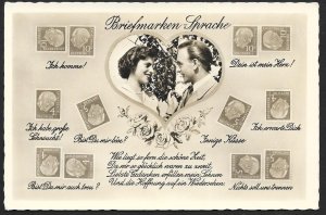 GERMANY Stamps on Postcard Language of Stamps Man & Lady in Heart Unused c1950s