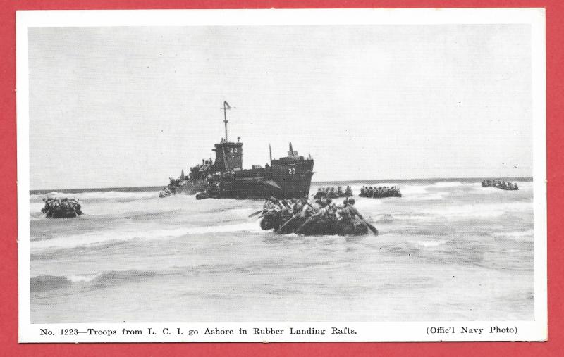 Naval Ships - #1223 - Troops for LCI go Ashore in Rubber Landing Boats