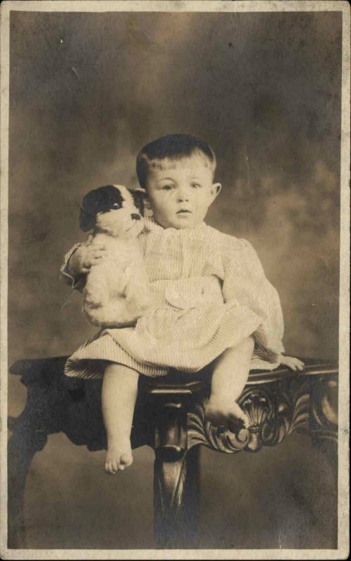 Little Boy & Stuffed Dog Toy Struck's Studio Reading PA Real Photo Postcard 