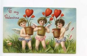 Valentine Three Cupids Hearts Embossed Postcard