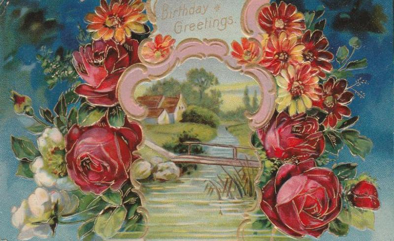 Birthday Greetings - Roses and Rural Scene - pm 1909 - DB
