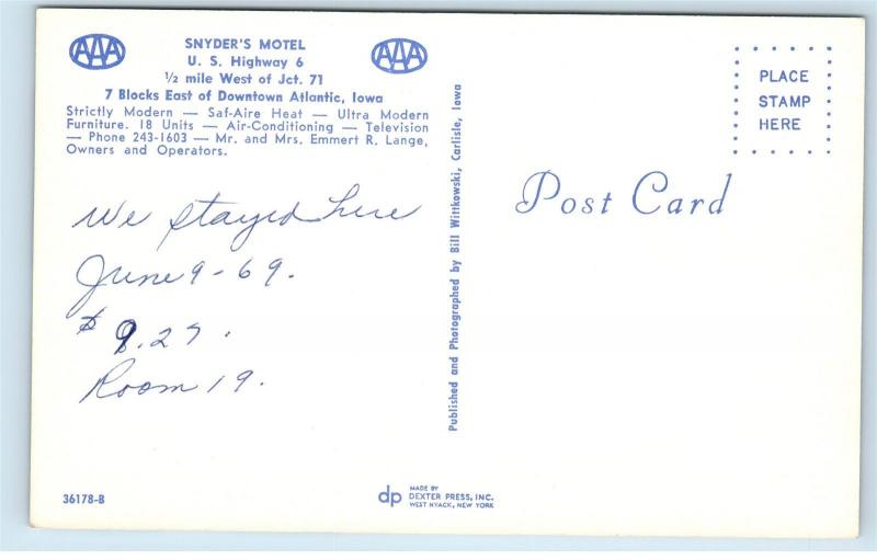 Snyder's Motel Atlantic Iowa Postcard D72