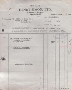 Henry Simon Car Repairs Garage Stockport Wing Nuts 1943 WW2 Ephemera Receipt