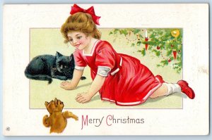 Christmas Postcard Pretty Girl With Black Cat Embossed Milwaukee OR c1910's