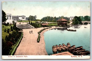 Buffalo New York~Scene In Delaware Park W/ Boats & Art Gallery Bldg~Vtg Postcard
