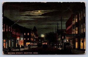 J96/ Ironton Ohio Postcard c1910 Second Street at Night Stores Trolley 79