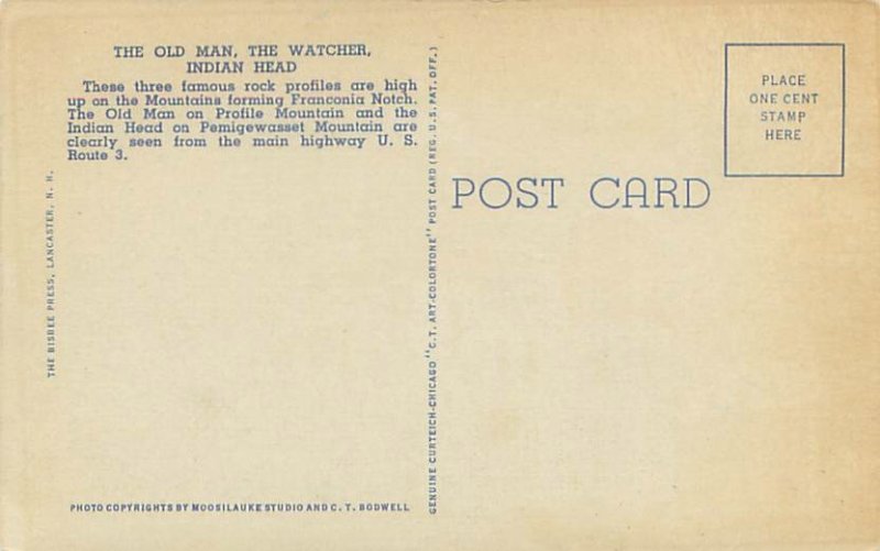 White Mtns NH Old Man, Watcher, Indian Head Linen Postcard Unused
