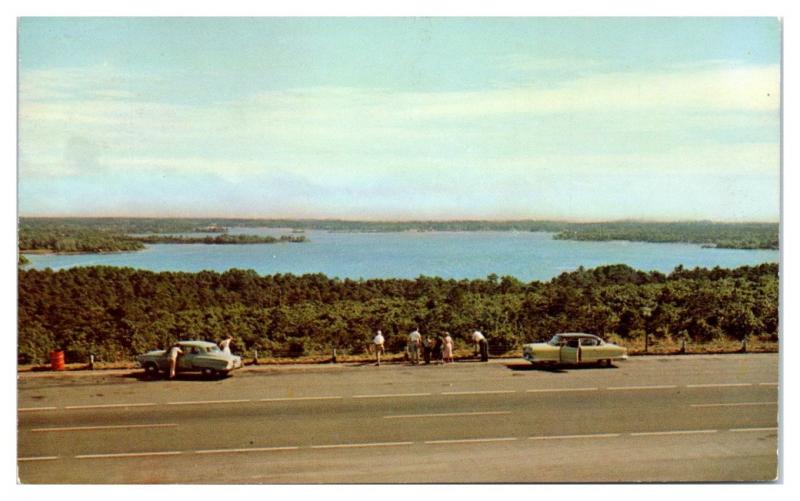 1950s Wequaquet Lake and Old Cars on Mid-Cape Highway, Cape Cod, MA Postcard