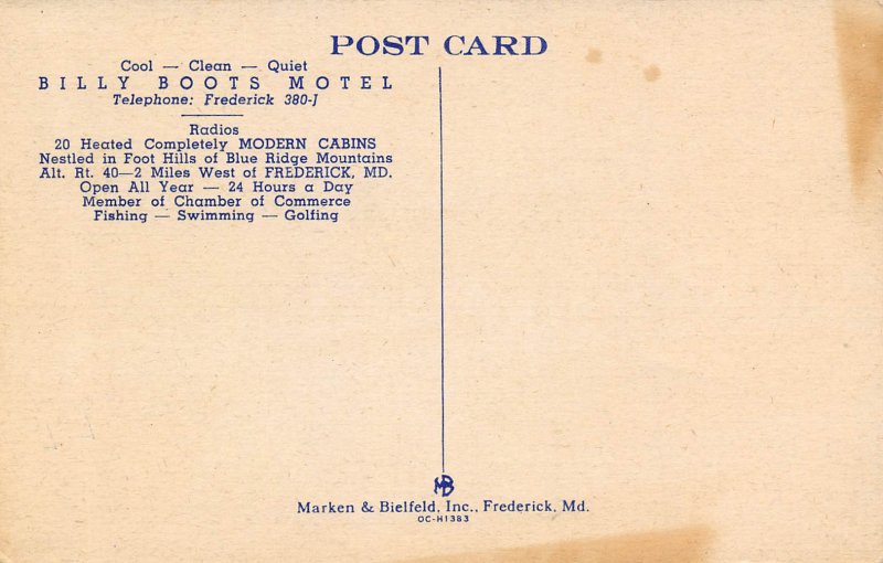 Billy Boots Motel Frederick Maryland linen postcard