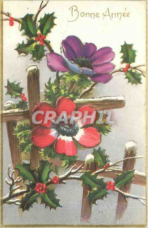 Old Postcard Happy New Year Flowers