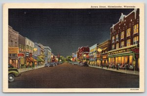 Rhinelander WI~Brown Street Night Lights~FW Woolworth~Gamble Stores~1946 Linen