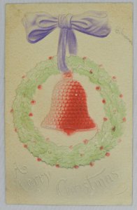 Purple Bow Wrapped Wreath with Red Bell A Merry Christmas - Vintage Postcard