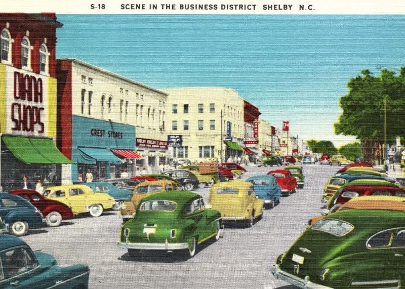 SHELBY NC, Cleveland County, Main St View, 1940s Linen Vintage Postcard Z740