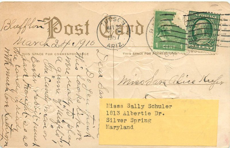 Easter Postcard Bunny Rabbits Greet Each Other On The Road, Hearty Easter