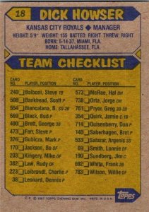 1987 Topps Baseball Card Dick Howser Manager Kansas City Royals s2355