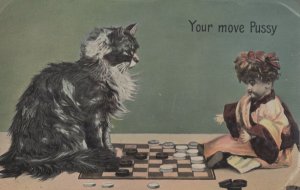 Cat Playing Draughts Board Game vs Russian Toy Doll Old RPC Postcard