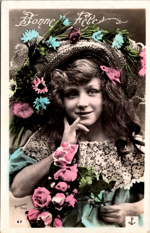 Hand Colored Happy Birthday Real Photo Postcard Young Girl Flowers Bonne Fete