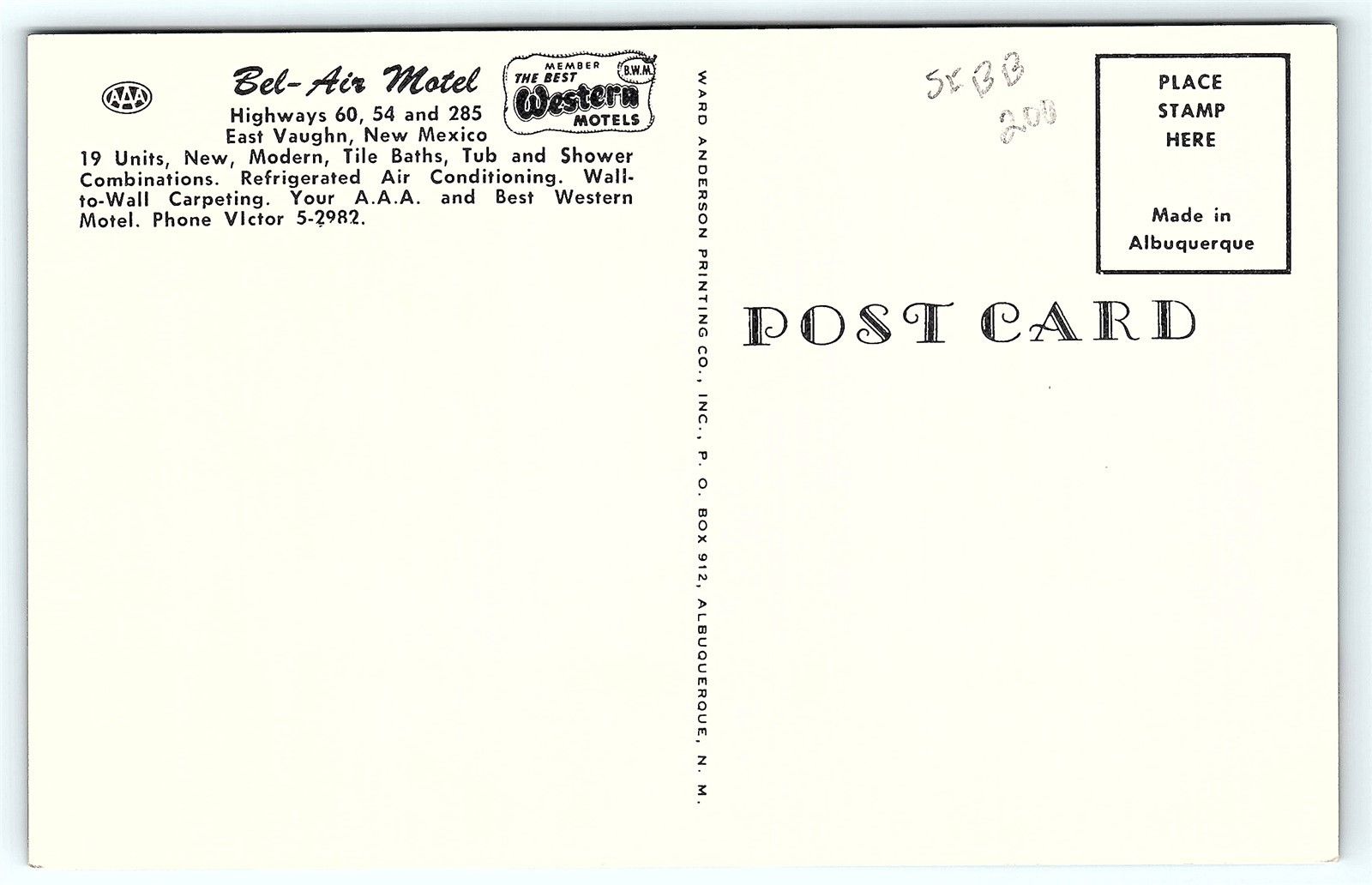 Postcard NM East Vaughn Bel Air Motel 1950's R34 United States New