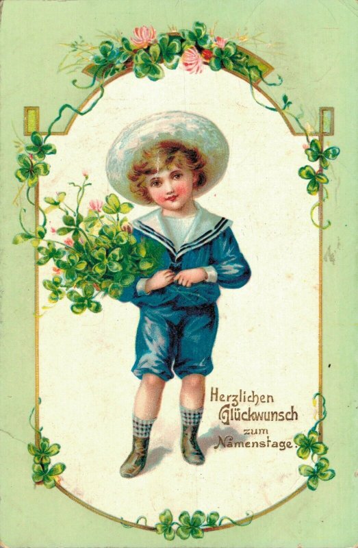 Happy New Year Boy Brings Flowers Vintage Postcard 06.70 