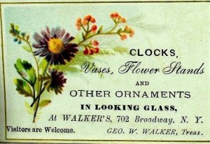 1870's-80's Walker's 702 Broadway, NY Clocks Looking Glass Trade Card F99