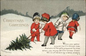 Christmas Children Pulling Tree Embossed Ellen Clapsaddle c1900s-20s Postcard