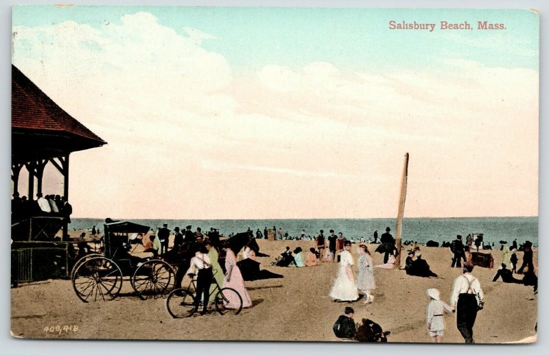 Salisbury Beach Massachusetts Crowd~Band Stand Gazebo~Horse Buggy~Bicycle~1908