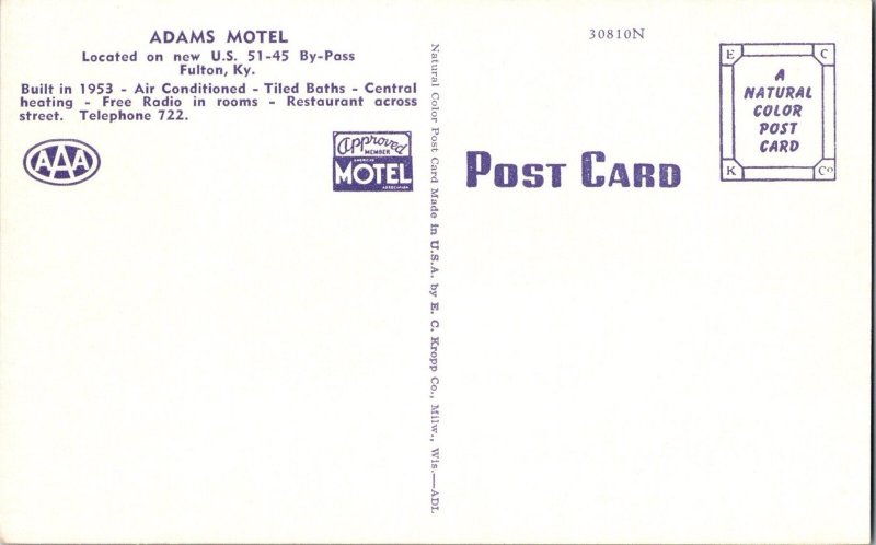 FULTON, Kentucky KY ~ Roadside ADAMS MOTEL c1940s Linen Postcard JC2