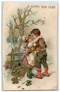 1909 Happy New Year Children Dancing Shamrock In Basket Embossed Posted Postcard
