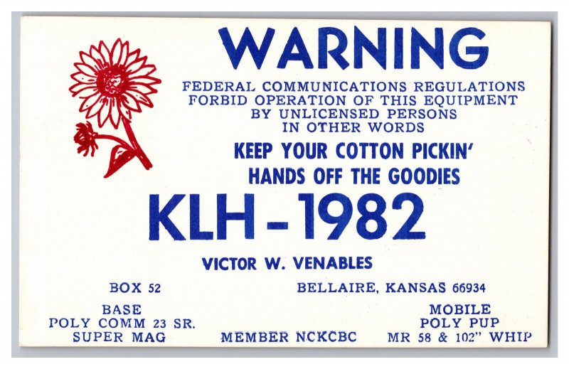 Postcard QSL CB Ham Radio Amateur Card From Bellaire Kansas KLH-1982 