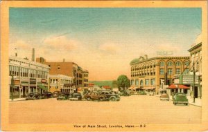 Lewiston, ME Maine  MAIN STREET SCENE Stores~Cars/Woody ca1940's Linen Postcard
