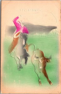 Embossed, Cowboy Roping Cow Hand Painted Vintage Postcard U64