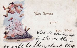 Bicycle Crash Disaster Antique Cyclist Old Comic Postcard