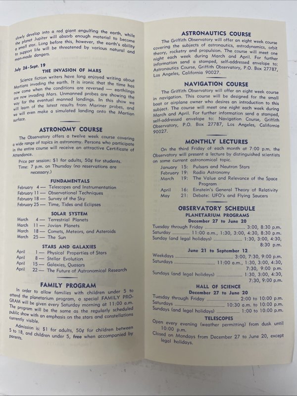 Planetarium Griffith Observatory Los Angeles, California Vtg Brochure