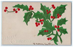 1907 Christmas Holly Berries Airbrushed Embossed Posted Antique Postcard